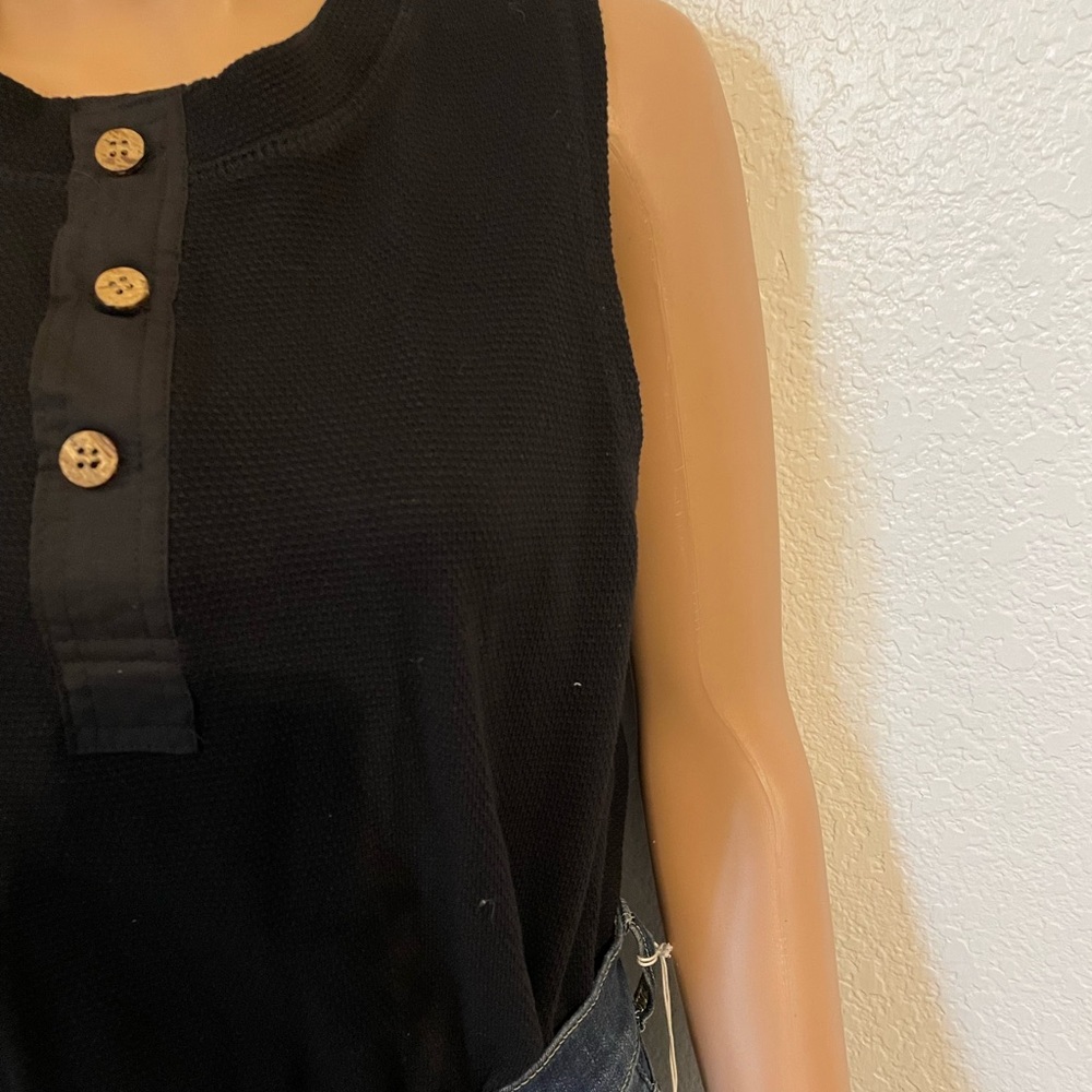 Sleeveless Black Henley Bodysuit with Button Placket